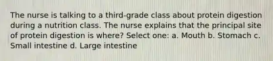 The nurse is talking to a third-grade class about protein digestion during a nutrition class. The nurse explains that the principal site of protein digestion is where? Select one: a. Mouth b. Stomach c. Small intestine d. Large intestine