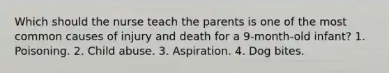 Which should the nurse teach the parents is one of the most common causes of injury and death for a 9-month-old infant? 1. Poisoning. 2. Child abuse. 3. Aspiration. 4. Dog bites.