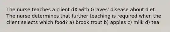 The nurse teaches a client dX with Graves' disease about diet. The nurse determines that further teaching is required when the client selects which food? a) brook trout b) apples c) milk d) tea