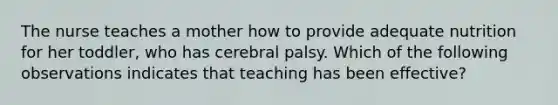 The nurse teaches a mother how to provide adequate nutrition for her toddler, who has cerebral palsy. Which of the following observations indicates that teaching has been effective?