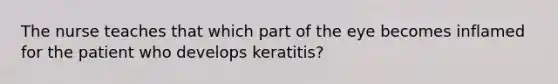 The nurse teaches that which part of the eye becomes inflamed for the patient who develops keratitis?