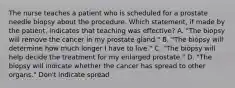 The nurse teaches a patient who is scheduled for a prostate needle biopsy about the procedure. Which statement, if made by the patient, indicates that teaching was effective? A. "The biopsy will remove the cancer in my prostate gland." B. "The biopsy will determine how much longer I have to live." C. "The biopsy will help decide the treatment for my enlarged prostate." D. "The biopsy will indicate whether the cancer has spread to other organs." Don't indicate spread