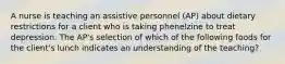 A nurse is teaching an assistive personnel (AP) about dietary restrictions for a client who is taking phenelzine to treat depression. The AP's selection of which of the following foods for the client's lunch indicates an understanding of the teaching?