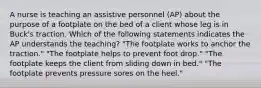 A nurse is teaching an assistive personnel (AP) about the purpose of a footplate on the bed of a client whose leg is in Buck's traction. Which of the following statements indicates the AP understands the teaching? "The footplate works to anchor the traction." "The footplate helps to prevent foot drop." "The footplate keeps the client from sliding down in bed." "The footplate prevents pressure sores on the heel."