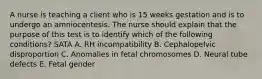 A nurse is teaching a client who is 15 weeks gestation and is to undergo an amniocentesis. The nurse should explain that the purpose of this test is to identify which of the following conditions? SATA A. RH incompatibility B. Cephalopelvic disproportion C. Anomalies in fetal chromosomes D. Neural tube defects E. Fetal gender