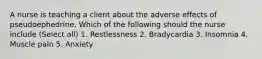 A nurse is teaching a client about the adverse effects of pseudoephedrine. Which of the following should the nurse include (Select all) 1. Restlessness 2. Bradycardia 3. Insomnia 4. Muscle pain 5. Anxiety