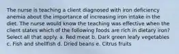 The nurse is teaching a client diagnosed with iron deficiency anemia about the importance of increasing iron intake in the diet. The nurse would know the teaching was effective when the client states which of the following foods are rich in dietary iron? Select all that apply. a. Red meat b. Dark green leafy vegetables c. Fish and shellfish d. Dried beans e. Citrus fruits