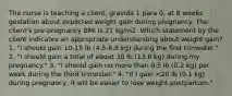 The nurse is teaching a client, gravida 1 para 0, at 8 weeks gestation about expected weight gain during pregnancy. The client's pre-pregnancy BMI is 21 kg/m2. Which statement by the client indicates an appropriate understanding about weight gain? 1. "I should gain 10-15 lb (4.5-6.8 kg) during the first trimester." 2. "I should gain a total of about 30 lb (13.6 kg) during my pregnancy." 3. "I should gain no more than 0.5 lb (0.2 kg) per week during the third trimester." 4. "If I gain <20 lb (9.1 kg) during pregnancy, it will be easier to lose weight postpartum."