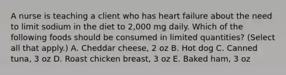 A nurse is teaching a client who has heart failure about the need to limit sodium in the diet to 2,000 mg daily. Which of the following foods should be consumed in limited quantities? (Select all that apply.) A. Cheddar cheese, 2 oz B. Hot dog C. Canned tuna, 3 oz D. Roast chicken breast, 3 oz E. Baked ham, 3 oz