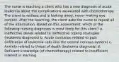 The nurse is teaching a client who has a new diagnosis of acute leukemia about the complications associated with chemotherapy. The client is restless and is looking away, never making eye contact. After the teaching, the client asks the nurse to repeat all of the information. Based on this assessment, which of the following nursing diagnoses is most likely for this client? a. Ineffective denial related to ineffective coping strategies (leukemia diagnosis) b. Acute confusion related to pain (infiltration of leukemia cells into the central nervous system) c. Anxiety related to threat of death (leukemia diagnosis) d. Deficient knowledge (of chemotherapy) related to insufficient interest in learning