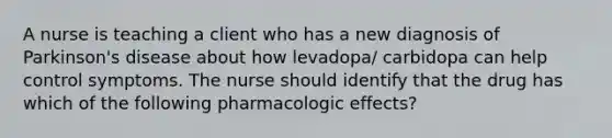 A nurse is teaching a client who has a new diagnosis of Parkinson's disease about how levadopa/ carbidopa can help control symptoms. The nurse should identify that the drug has which of the following pharmacologic effects?