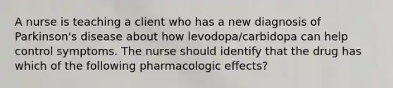 A nurse is teaching a client who has a new diagnosis of Parkinson's disease about how levodopa/carbidopa can help control symptoms. The nurse should identify that the drug has which of the following pharmacologic effects?