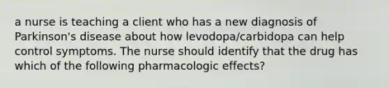 a nurse is teaching a client who has a new diagnosis of Parkinson's disease about how levodopa/carbidopa can help control symptoms. The nurse should identify that the drug has which of the following pharmacologic effects?