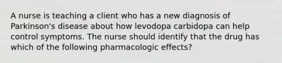 A nurse is teaching a client who has a new diagnosis of Parkinson's disease about how levodopa carbidopa can help control symptoms. The nurse should identify that the drug has which of the following pharmacologic effects?