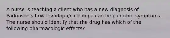 A nurse is teaching a client who has a new diagnosis of Parkinson's how levodopa/carbidopa can help control symptoms. The nurse should identify that the drug has which of the following pharmacologic effects?