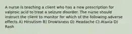 A nurse is teaching a client who has a new prescription for valproic acid to treat a seizure disorder. The nurse should instruct the client to monitor for which of the following adverse effects A) Hirsutism B) Drowisness D) Headache C) Ataxia D) Rash