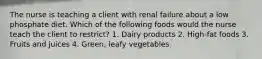 The nurse is teaching a client with renal failure about a low phosphate diet. Which of the following foods would the nurse teach the client to restrict? 1. Dairy products 2. High-fat foods 3. Fruits and juices 4. Green, leafy vegetables