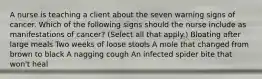 A nurse is teaching a client about the seven warning signs of cancer. Which of the following signs should the nurse include as manifestations of cancer? (Select all that apply.) Bloating after large meals Two weeks of loose stools A mole that changed from brown to black A nagging cough An infected spider bite that won't heal