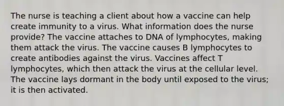 The nurse is teaching a client about how a vaccine can help create immunity to a virus. What information does the nurse provide? The vaccine attaches to DNA of lymphocytes, making them attack the virus. The vaccine causes B lymphocytes to create antibodies against the virus. Vaccines affect T lymphocytes, which then attack the virus at the cellular level. The vaccine lays dormant in the body until exposed to the virus; it is then activated.