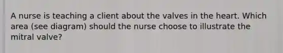 A nurse is teaching a client about the valves in the heart. Which area (see diagram) should the nurse choose to illustrate the mitral valve?