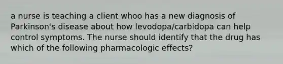 a nurse is teaching a client whoo has a new diagnosis of Parkinson's disease about how levodopa/carbidopa can help control symptoms. The nurse should identify that the drug has which of the following pharmacologic effects?