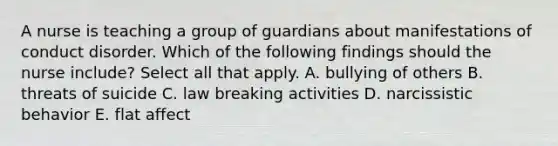 A nurse is teaching a group of guardians about manifestations of conduct disorder. Which of the following findings should the nurse include? Select all that apply. A. bullying of others B. threats of suicide C. law breaking activities D. narcissistic behavior E. flat affect