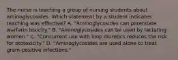 The nurse is teaching a group of nursing students about aminoglycosides. Which statement by a student indicates teaching was effective? A. "Aminoglycosides can potentiate warfarin toxicity." B. "Aminoglycosides can be used by lactating women." C. "Concurrent use with loop diuretics reduces the risk for ototoxicity." D. "Aminoglycosides are used alone to treat gram-positive infections."