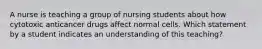 A nurse is teaching a group of nursing students about how cytotoxic anticancer drugs affect normal cells. Which statement by a student indicates an understanding of this teaching?