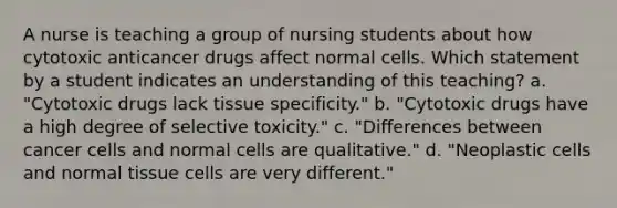 A nurse is teaching a group of nursing students about how cytotoxic anticancer drugs affect normal cells. Which statement by a student indicates an understanding of this teaching? a. "Cytotoxic drugs lack tissue specificity." b. "Cytotoxic drugs have a high degree of selective toxicity." c. "Differences between cancer cells and normal cells are qualitative." d. "Neoplastic cells and normal tissue cells are very different."