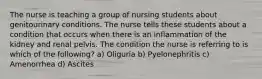 The nurse is teaching a group of nursing students about genitourinary conditions. The nurse tells these students about a condition that occurs when there is an inflammation of the kidney and renal pelvis. The condition the nurse is referring to is which of the following? a) Oliguria b) Pyelonephritis c) Amenorrhea d) Ascites