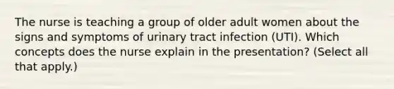 The nurse is teaching a group of older adult women about the signs and symptoms of urinary tract infection (UTI). Which concepts does the nurse explain in the presentation? (Select all that apply.)