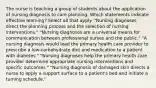 The nurse is teaching a group of students about the application of nursing diagnosis to care planning. Which statements indicate effective learning? Select all that apply. "Nursing diagnoses direct the planning process and the selection of nursing interventions." "Nursing diagnoses are a universal means for communication between professional nurses and the public." "A nursing diagnosis would lead the primary health care provider to prescribe a low-carbohydrate diet and medication to a patient with diabetes." "Nursing diagnoses help the primary health care provider determine appropriate nursing interventions and specific outcomes." "Nursing diagnosis of damaged skin directs a nurse to apply a support surface to a patient's bed and initiate a turning schedule."