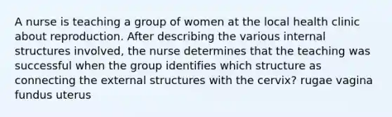 A nurse is teaching a group of women at the local health clinic about reproduction. After describing the various internal structures involved, the nurse determines that the teaching was successful when the group identifies which structure as connecting the external structures with the cervix? rugae vagina fundus uterus