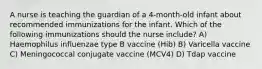 A nurse is teaching the guardian of a 4-month-old infant about recommended immunizations for the infant. Which of the following immunizations should the nurse include? A) Haemophilus influenzae type B vaccine (Hib) B) Varicella vaccine C) Meningococcal conjugate vaccine (MCV4) D) Tdap vaccine