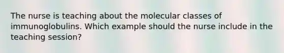 The nurse is teaching about the molecular classes of immunoglobulins. Which example should the nurse include in the teaching session?