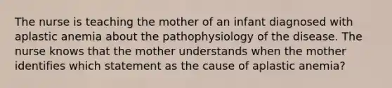 The nurse is teaching the mother of an infant diagnosed with aplastic anemia about the pathophysiology of the disease. The nurse knows that the mother understands when the mother identifies which statement as the cause of aplastic anemia?