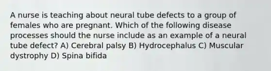 A nurse is teaching about neural tube defects to a group of females who are pregnant. Which of the following disease processes should the nurse include as an example of a neural tube defect? A) Cerebral palsy B) Hydrocephalus C) Muscular dystrophy D) Spina bifida