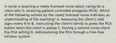 A nurse is teaching a newly licensed nurse about caring for a client who is receiving patient-controlled analgesia (PCA). Which of the following actions by the newly licensed nurse indicates an understanding of the teaching? A. Assessing the client's vital signs every 6 hr B. Instructing the client's family to press the PCA button when the client is asleep C. Having a second nurse check the PCA setting D. Administering the PCA through a free-flow infusion system