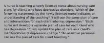 A nurse is teaching a newly licensed nurse about nursing care plans for clients who have depressive disorders. Which of the following statements by the newly licensed nurse indicates an understanding of the teaching? "I will use the same plan of care and interventions for each client who has depression." "Each nurse will develop a separate plan of care for each client who has depression." "I will update the plan of care as a client's manifestations of depression change." "An assistive personnel can use the plan of care for client teaching."