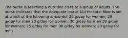 The nurse is teaching a nutrition class to a group of adults. The nurse indicates that the Adequate Intake (AI) for total fiber is set at which of the following amounts? 25 g/day for women; 38 g/day for men 20 g/day for women; 30 g/day for men 38 g/day for women; 25 g/day for men 30 g/day for women; 20 g/day for men