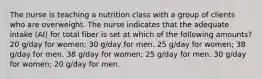 The nurse is teaching a nutrition class with a group of clients who are overweight. The nurse indicates that the adequate intake (AI) for total fiber is set at which of the following amounts? 20 g/day for women; 30 g/day for men. 25 g/day for women; 38 g/day for men. 38 g/day for women; 25 g/day for men. 30 g/day for women; 20 g/day for men.