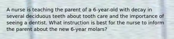 A nurse is teaching the parent of a 6-year-old with decay in several deciduous teeth about tooth care and the importance of seeing a dentist. What instruction is best for the nurse to inform the parent about the new 6-year molars?