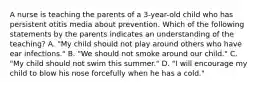 A nurse is teaching the parents of a 3-year-old child who has persistent otitis media about prevention. Which of the following statements by the parents indicates an understanding of the teaching? A. "My child should not play around others who have ear infections." B. "We should not smoke around our child." C. "My child should not swim this summer." D. "I will encourage my child to blow his nose forcefully when he has a cold."