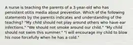 A nurse is teaching the parents of a 3-year-old who has persistent otitis media about prevention. Which of the following statements by the parents indicates and understanding of the teaching? "My child should not play around others who have ear infections." "We should not smoke around our child." "My child should not swim this summer." "I will encourage my child to blow his nose forcefully when he has a cold."