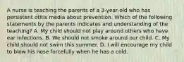 A nurse is teaching the parents of a 3-year-old who has persistent otitis media about prevention. Which of the following statements by the parents indicates and understanding of the teaching? A. My child should not play around others who have ear infections. B. We should not smoke around our child. C. My child should not swim this summer. D. I will encourage my child to blow his nose forcefully when he has a cold.