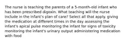 The nurse is teaching the parents of a 5-month-old infant who has been prescribed digoxin. What teaching will the nurse include in the infant's plan of care? Select all that apply. giving the medication at different times in the day assessing the infant's apical pulse monitoring the infant for signs of toxicity monitoring the infant's urinary output administering medication with food