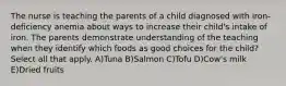 The nurse is teaching the parents of a child diagnosed with iron-deficiency anemia about ways to increase their child's intake of iron. The parents demonstrate understanding of the teaching when they identify which foods as good choices for the child? Select all that apply. A)Tuna B)Salmon C)Tofu D)Cow's milk E)Dried fruits