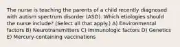 The nurse is teaching the parents of a child recently diagnosed with autism spectrum disorder​ (ASD). Which etiologies should the nurse​ include? (Select all that​ apply.) A) Environmental factors B) Neurotransmitters C) Immunologic factors D) Genetics E) Mercury-containing vaccinations