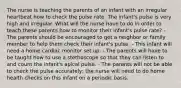 The nurse is teaching the parents of an infant with an irregular heartbeat how to check the pulse rate. The infant's pulse is very high and irregular. What will the nurse have to do in order to teach these parents how to monitor their infant's pulse rate? - The parents should be encouraged to get a neighbor or family member to help them check their infant's pulse. - This infant will need a home cardiac monitor set up. - The parents will have to be taught how to use a stethoscope so that they can listen to and count the infant's apical pulse. - The parents will not be able to check the pulse accurately; the nurse will need to do home health checks on this infant on a periodic basis.