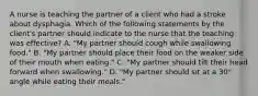 A nurse is teaching the partner of a client who had a stroke about dysphagia. Which of the following statements by the client's partner should indicate to the nurse that the teaching was effective? A. "My partner should cough while swallowing food." B. "My partner should place their food on the weaker side of their mouth when eating." C. "My partner should tilt their head forward when swallowing." D. "My partner should sit at a 30° angle while eating their meals."